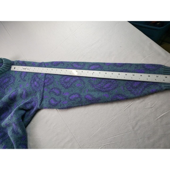 Vintage 90s Men's Large Sweater Paisley Print Retro Geek Chic Teal Purple - Picture 10 of 16